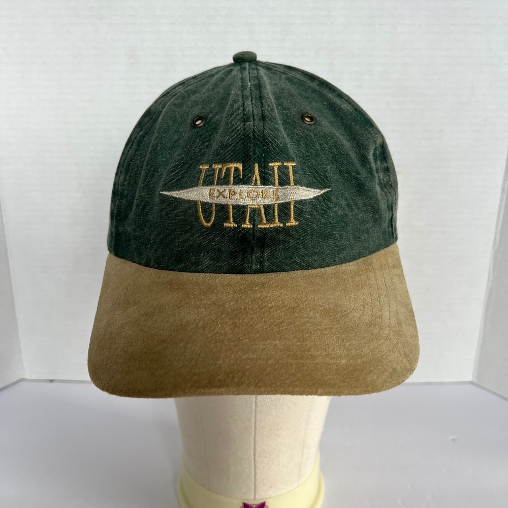 Cameo Utah Explore Vintage 90s Strapback Hat Green Tan Faux Suede Brim Cap